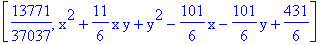 [13771/37037, x^2+11/6*x*y+y^2-101/6*x-101/6*y+431/6]